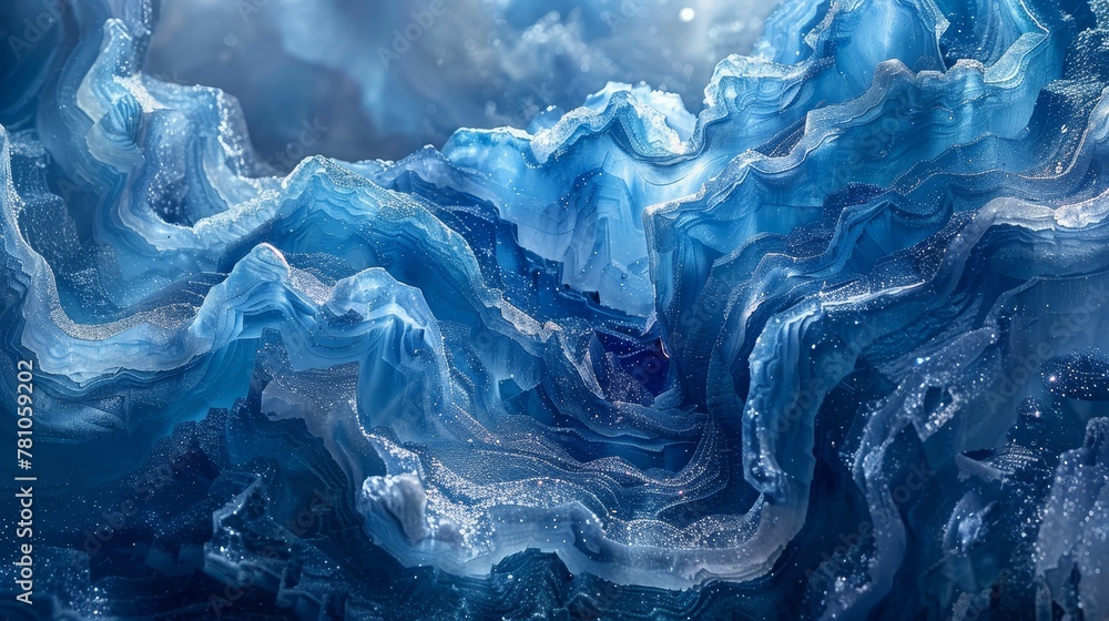 A canvas depicting shades of blue and white waves, surrounded by a moon in a celestial sky, positioned centrally within the frame A canvas depicting shades of blue and white waves, surrounded by a moon in a celestial sky, positioned centrally within the frame