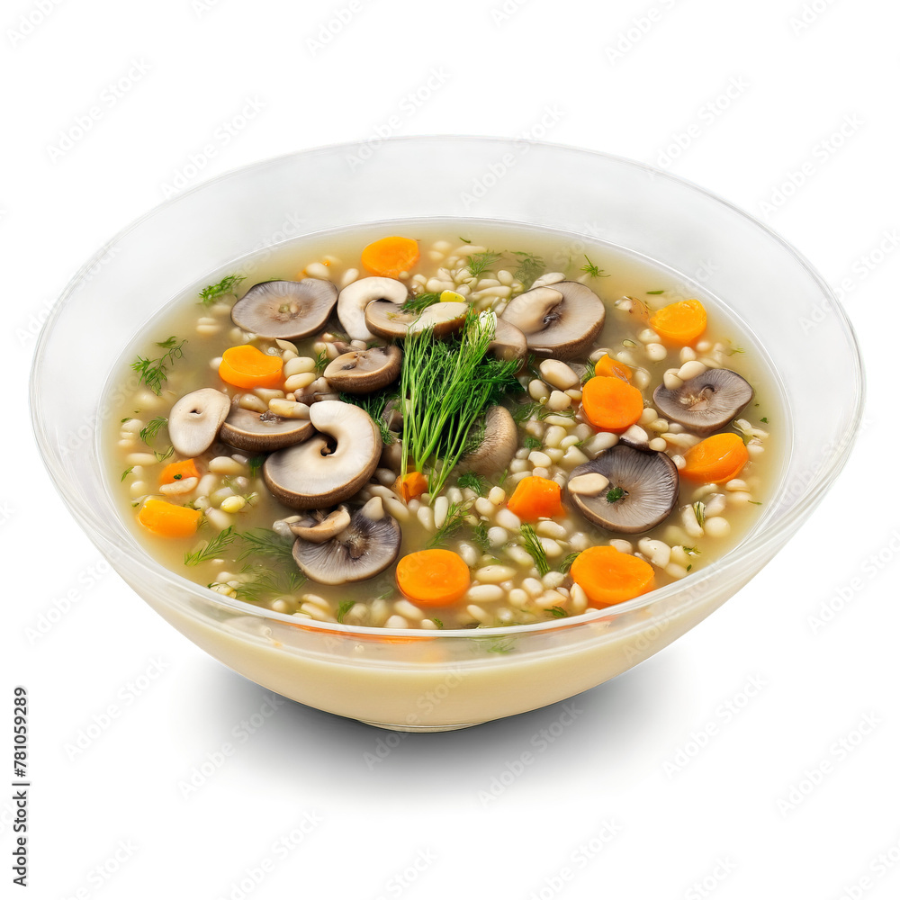 Mushroom barley soup a savory broth with sliced mushrooms pearl barley and diced vegetables garnished