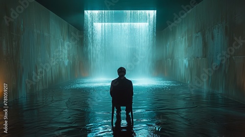  Man in waterfall room with light tunnel endpoint
