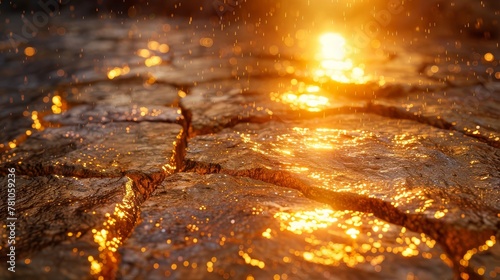  The sun illuminates a wet, rocky foreground and a bright background