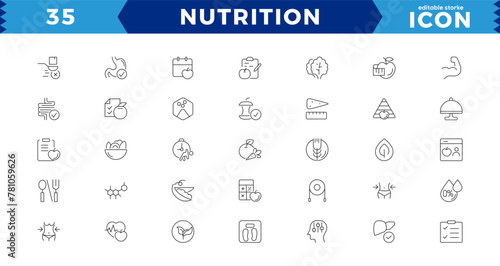 Nutrition and healthy eating icon pack. Collection of thin line icons that support digital navigationNutrition and healthy eating icon pack.Contains such Icons as Metabolism