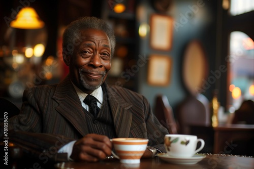 Mature gentleman in cozy café setting enjoys hot beverage, warm smile, tailored pinstripe suit, comfortable in his surroundings, bokeh lights enhance mood.