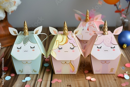 Trio of unicorn gift boxes, golden horns glinting, displayed on wooden surface, confetti strewn about, magic and myth in party favors.