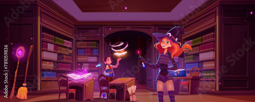 Magic library with wizard and witch students, flying glowing books and wands, bookshelves and wooden desks. Cartoon vector illustration of fantasy fairy tale or game mystery education room interior.