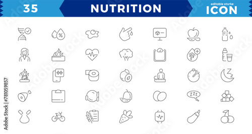 Nutrition and healthy eating icon pack. Collection of thin line icons that support digital navigationNutrition and healthy eating icon pack.Contains such Icons as Metabolism