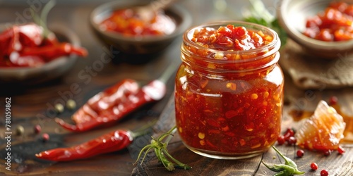 A jar filled with red peppers on a rustic wooden table, perfect for food and cooking concepts