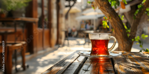 A cup of black Turkish tea on a street cafe table. Concept template banner for advertising drinks, tea, fresh raw materials, and traditional drinks of Turkey with copyspace photo
