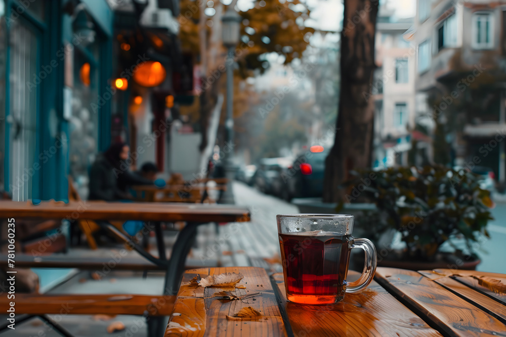 A cup of black Turkish tea on a street cafe table. Concept template banner for advertising drinks, tea, fresh raw materials, and traditional drinks of Turkey with copyspace