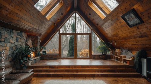 Dark wood interior of a-frame roof with exposed beams next to textured stone wall and large window 