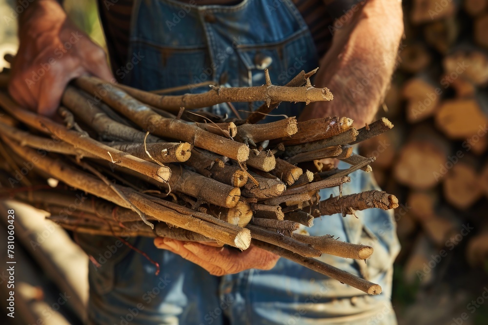 Fototapeta premium Close up shot of a person holding a bunch of sticks, great for nature or outdoor themed designs