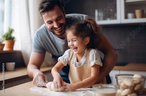 Father and child baking in kitchen