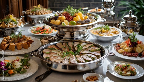 exquisitely arranged buffet table showcasing an array of international cuisines
