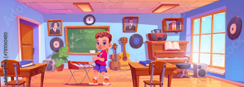 Kid in school music classroom on lesson cartoon. Children student character play on electric piano. Preschool daycare and learning interior. Boy study instrument performance for orchestra concert