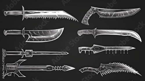 Various types of knives displayed on a black surface. Ideal for culinary, weapon, or survival themes