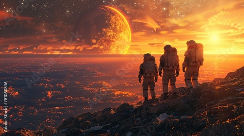 A team of astronauts stands on the rocky surface of an exoplanet, captivated by the sunset against a massive planet rising in the background. Generative AI