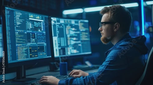 An engineer working on a computer, programming and configuring a complex system. 