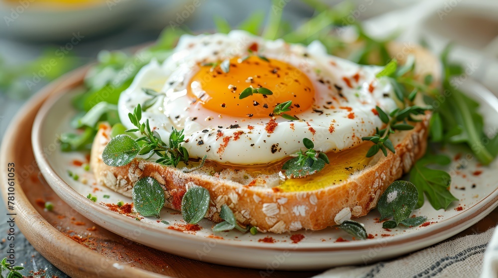 A macro shot of a platter featuring a fried egg atop sliced bread, surrounded by fresh veggies A macro shot of a platter featuring a fried egg atop sliced bread, surrounded by fresh veggies