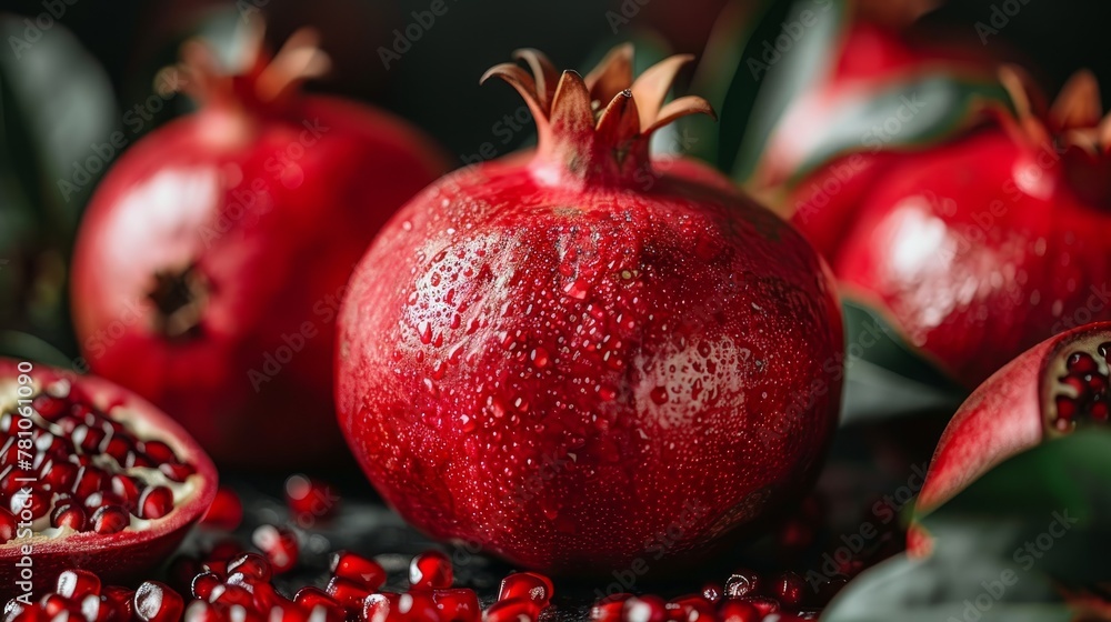 A close-up of a pomegranate with leaves and droplets of water on top A close-up of a pomegranate with leaves and droplets of water on top