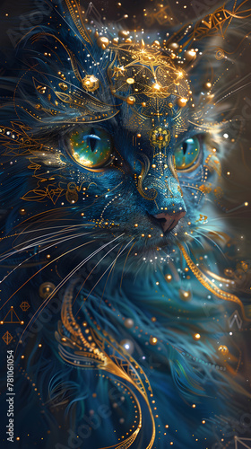 a blue and gold painting of a cat with green eyes © Nadtochiy