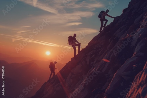 Landscape photo of three people teamwork friendship climbing the mountain, help each other trust assistance, silhouette in mountains, sunrise, gradient sky, captivating lighting