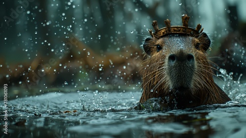   A close-up photo of a beaver swimming in a water body with a crown on its head is optimized to 32 tokens photo