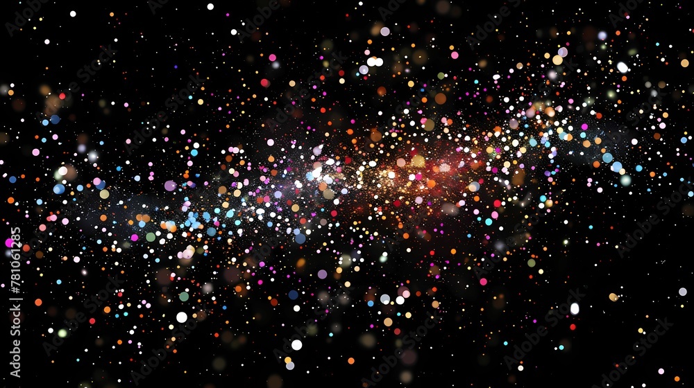 A black background sprinkled with small, unordered white and pastel dots representing tiny stars