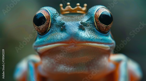   A detailed image of a blue frog adorned with a golden crown atop its head against a hazy backdrop
