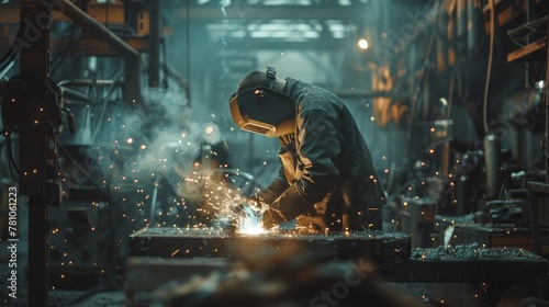 Welding in progress with a shower of sparks. Concentrated worker welding in a dimly lit workshop, surrounded by a shower of sparks and industrial ambiance