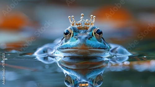   A detailed shot of a frog wearing a crown atop its head, submerged in water