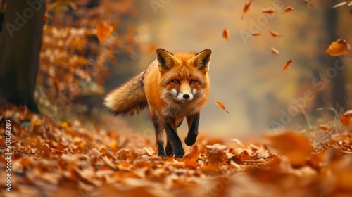 Fox walking forest leaves © 2rogan