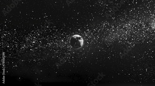 A pure black background with tiny dots representing stars, featuring a small white moon at the center