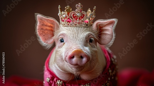  A pig wearing a red dress and gold crown