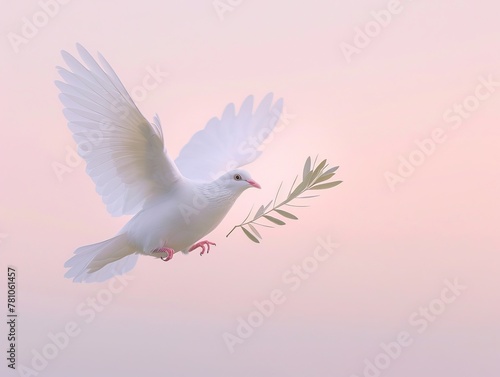 Photo of a white dove carrying a little olive leaf branch with its beak representing the World Peace Day celebration, international day of peace, gradient sky background