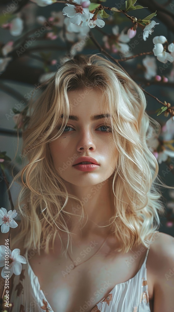 Fototapeta premium Portrait of woman in a floral environment. An alluring woman with blonde curls is framed by cherry blossoms, conveying a sense of romance and fresh beauty