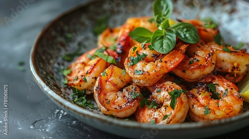  A bowl brimming with cooked shrimp, adorned with herbs and lemon wedges, including an additional lemon wedge beside it