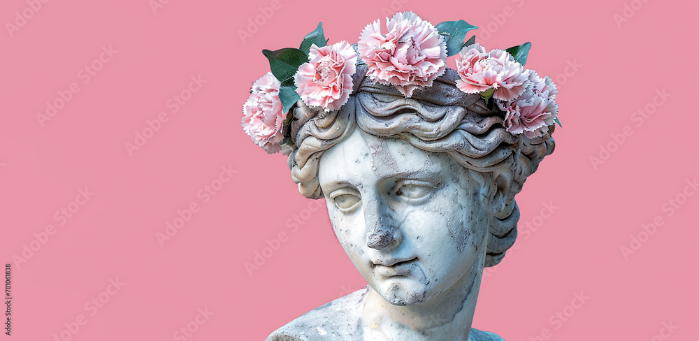 Obraz premium Ancient woman Statue with carnations flowers