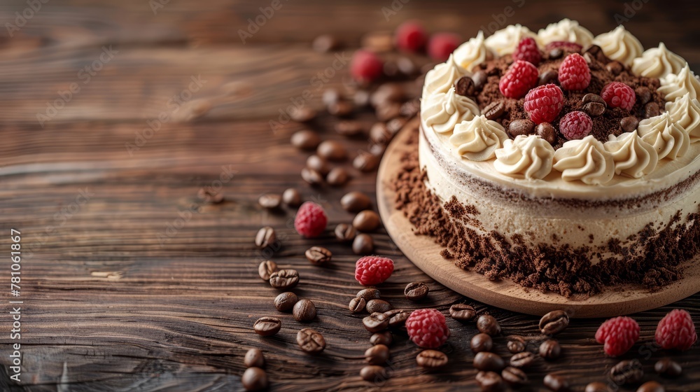  Chocolate cake with white frosting, raspberries on top, coffee beans surrounding the wooden table