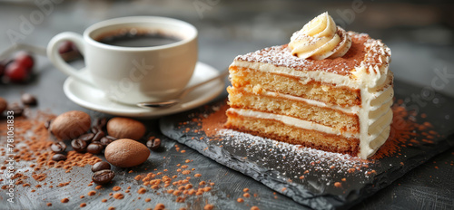   A slice of cake atop a dish beside a mug of java on a tabletop