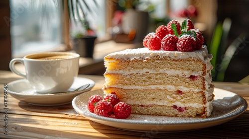   A close-up of a cake slice on a plate with a cup of coffee and a plant in the background