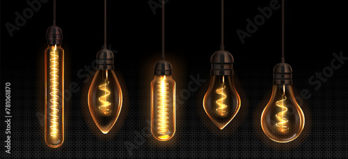 Retro light bulb lamp. Vintage edison filament vector. Realistic electric led glass incandescent design with yellow glow hang on wire. 3d different saving power technology for trendy loft interior
