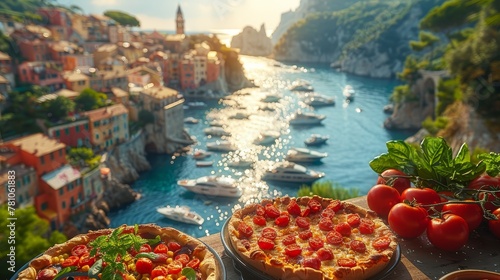   A few pizzas atop a table beside a waterway with vessels afloat in the backdrop photo