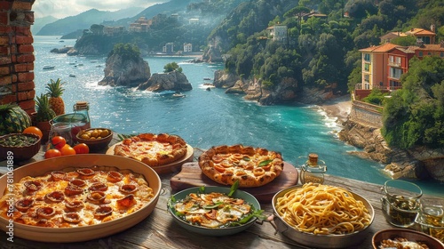   Wooden table overflowing with pizzas and bowls of pasta, waterfront view with buildings in background photo