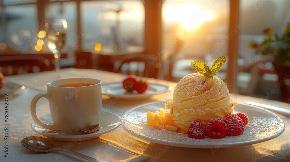   A white plate with ice cream, tea, and fruit