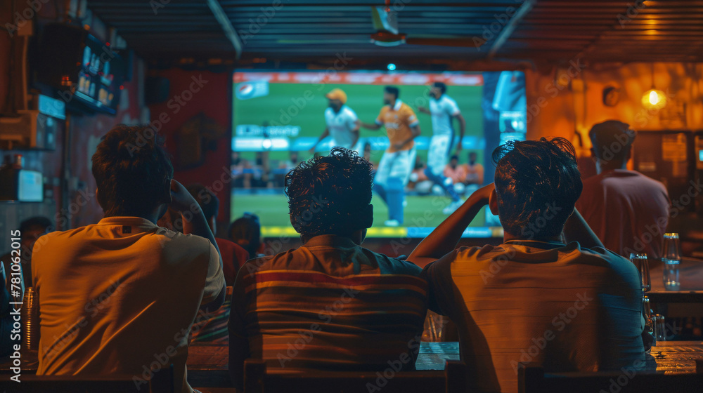 Indian people watching cricket on TV in a sports bar.