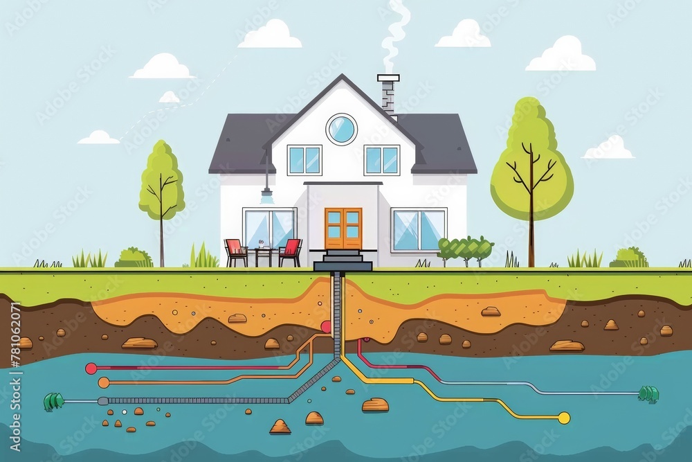 playful illustration of a white house with a smoking chimney, simplistic trees, and underground water pipes, set against a clear day. illustration of geothermal heating system in a residential home,
