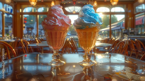   Two ice cream sundaes sit on a table next to each other photo