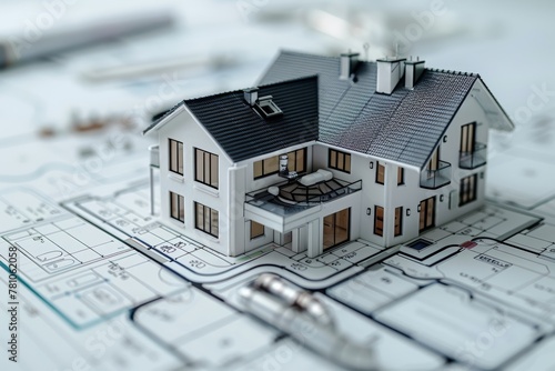 Detailed miniature house model on architectural blueprints, symbolizing precise building planning and design. illustration of geothermal heating system in a residential home,