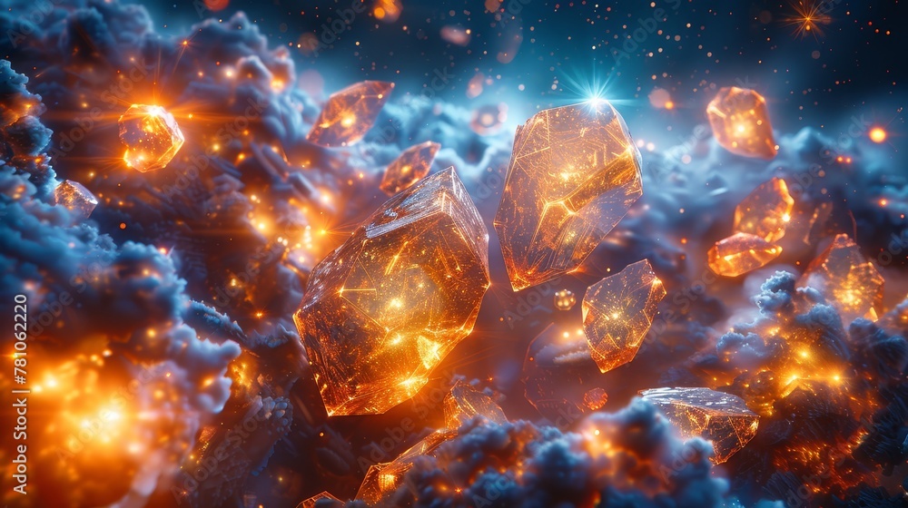   A close-up of a group of rocks in the sky emitting flames and smoke from their tops