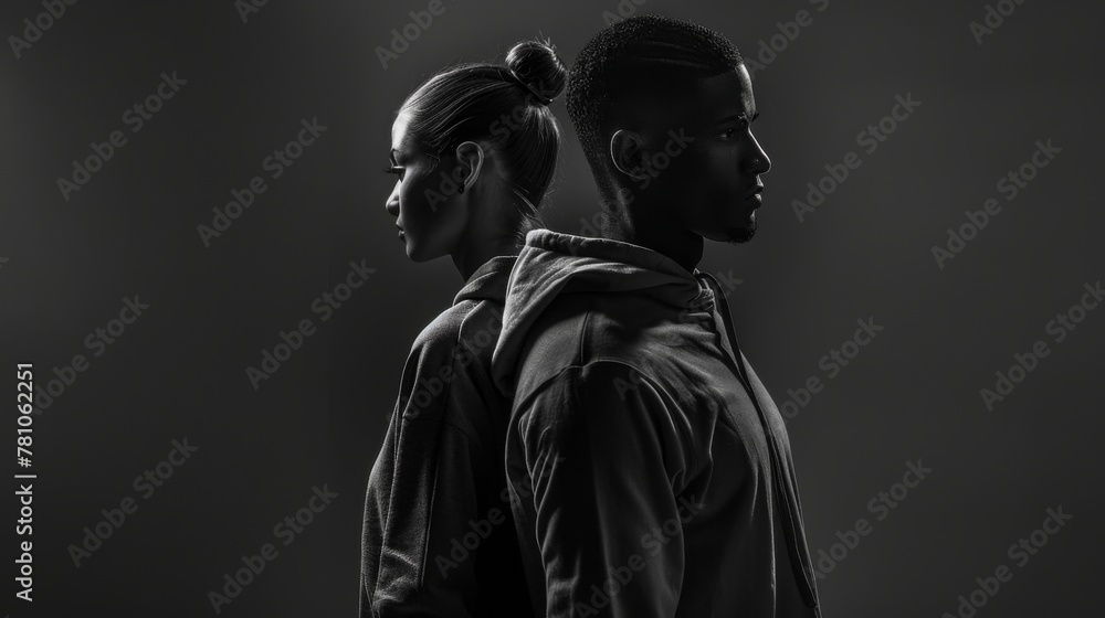 Artistic black and white portrait of couple. A monochromatic image capturing the essence of a couple standing back-to-back with obscured faces