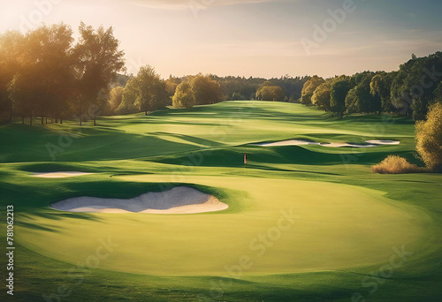 Sunrise to Sunset: A serene golf course amidst nature's embrace, where green fairways stretch under a sky painted with hues of blue and orange, flanked by trees, offering a picture photo